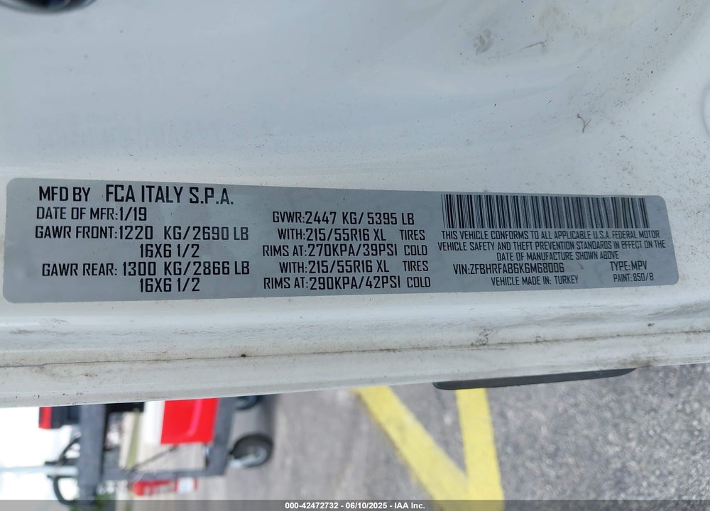 2019 RAM PROMASTER CITY TRADESMAN VIN: ZFBHRFAB6K6M68006