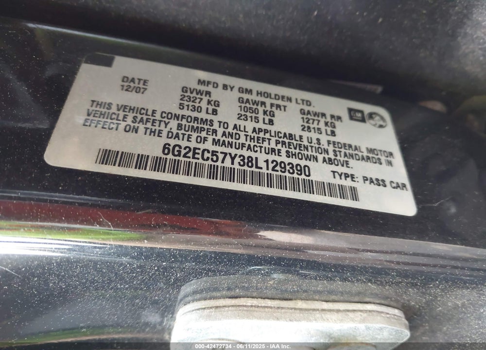 2008 PONTIAC G8 GT VIN: 6G2EC57Y38L129390