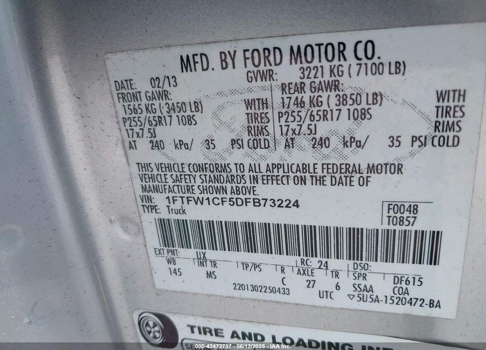 2013 FORD F-150 VIN: 1FTFW1CF5DFB73224