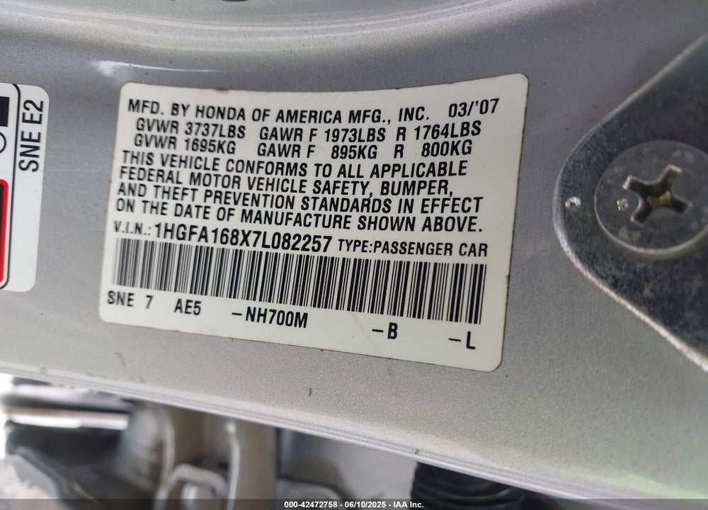 2007 HONDA CIVIC VIN: 1HGFA168X7L082257