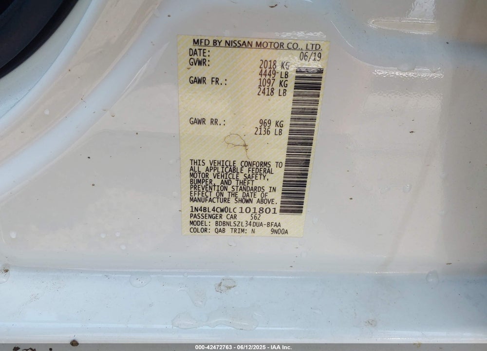 2020 NISSAN ALTIMA VIN: 1N4BL4CW0LC101801