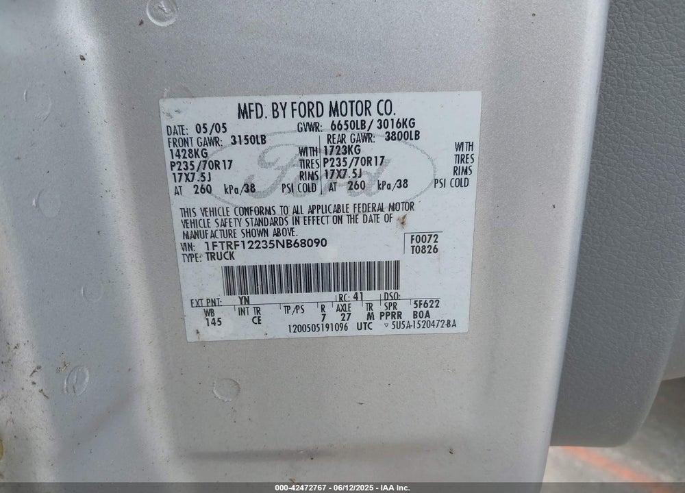 2005 FORD F-150 STX/XL/XLT VIN: 1FTRF12235NB68090