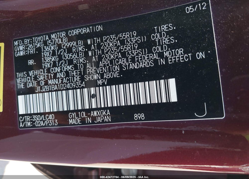 2013 LEXUS RX 450H VIN: JTJZB1BA1D2409354
