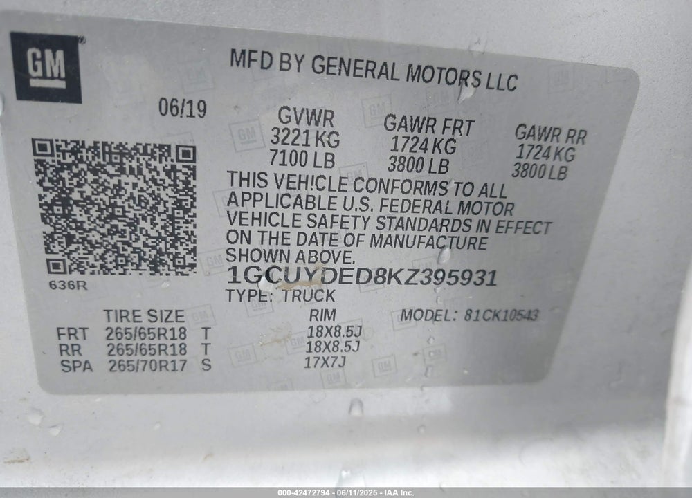 2019 CHEVROLET SILVERADO 1500 VIN: 1GCUYDED8KZ395931