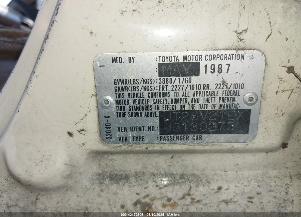 1987 TOYOTA CAMRY DLX VIN: JT2SV21EXH3130273
