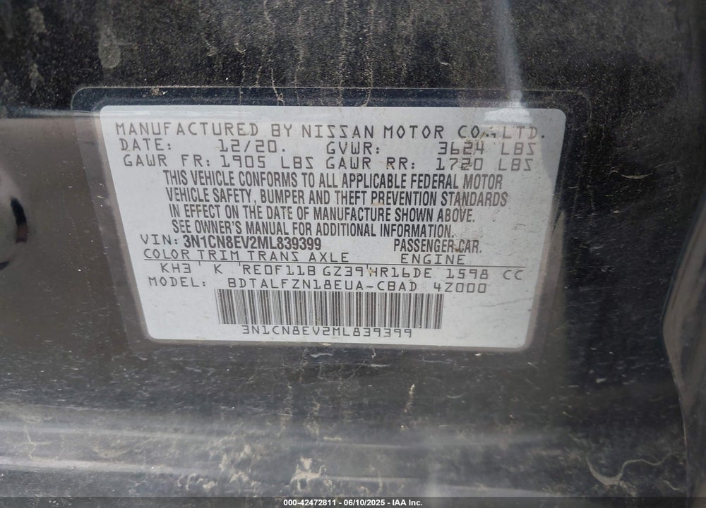 2021 NISSAN VERSA VIN: 3N1CN8EV2ML839399
