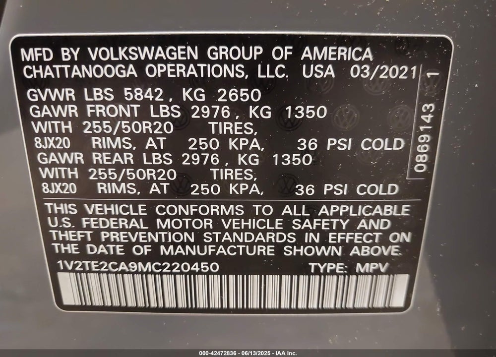 2021 VOLKSWAGEN ATLAS CROSS SPORT VIN: 1V2TE2CA9MC220450