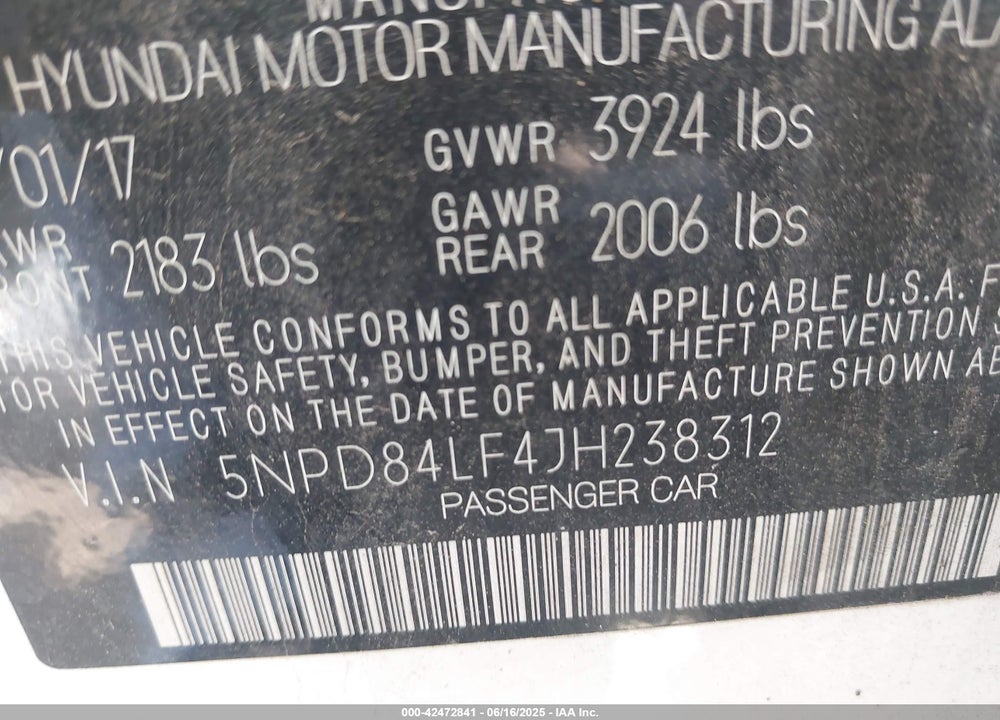 2018 HYUNDAI ELANTRA VIN: 5NPD84LF4JH238312