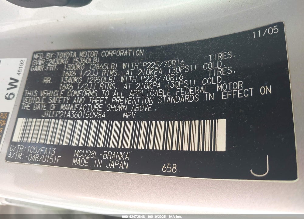 2006 TOYOTA HIGHLANDER V6 VIN: JTEEP21A360150984