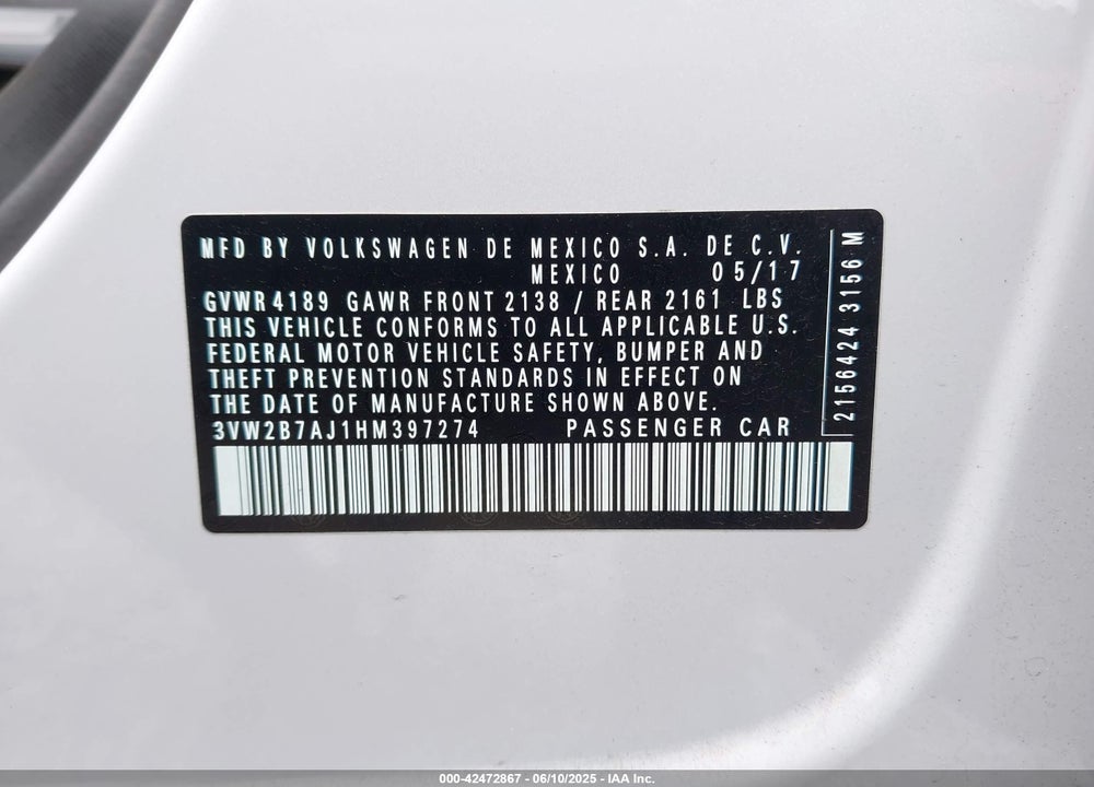 2017 VOLKSWAGEN JETTA 1.4T S VIN: 3VW2B7AJ1HM397274