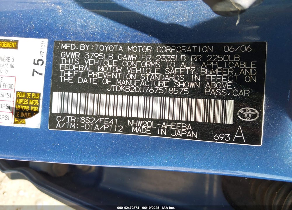 2006 TOYOTA PRIUS VIN: JTDKB20U767518575
