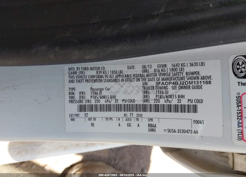 2013 FORD FIESTA VIN: 3FADP4BJ2DM131188