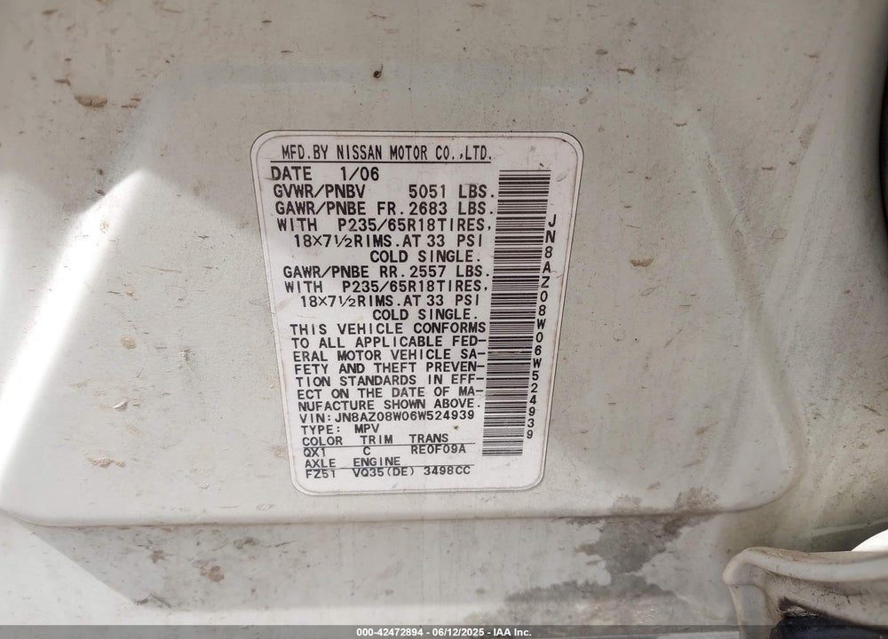 2006 NISSAN MURANO VIN: JN8AZ08W06W524939