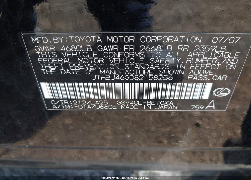 2008 LEXUS ES 350 VIN: JTHBJ46G082158256