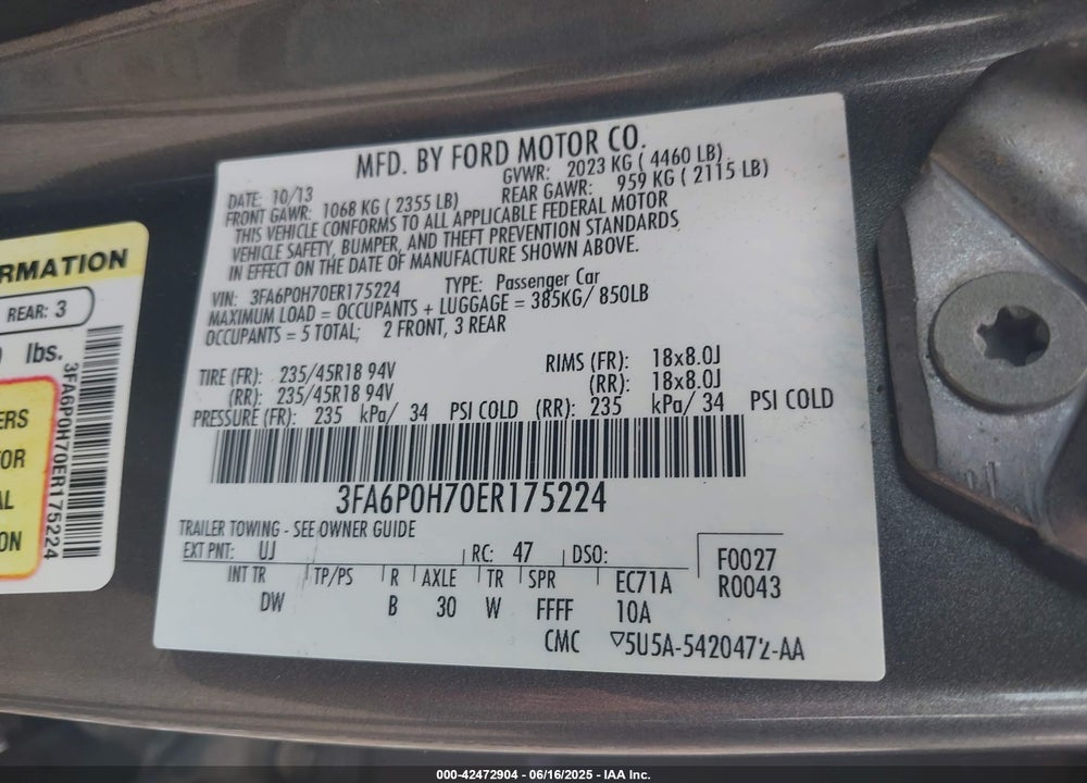 2014 FORD FUSION VIN: 3FA6P0H70ER175224