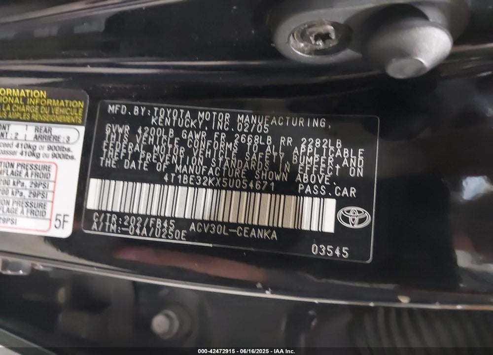 2005 TOYOTA CAMRY VIN: 4T1BE32KX5U054671