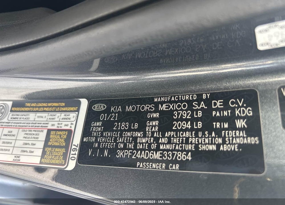 2021 KIA FORTE LXS VIN: 3KPF24AD6ME337864
