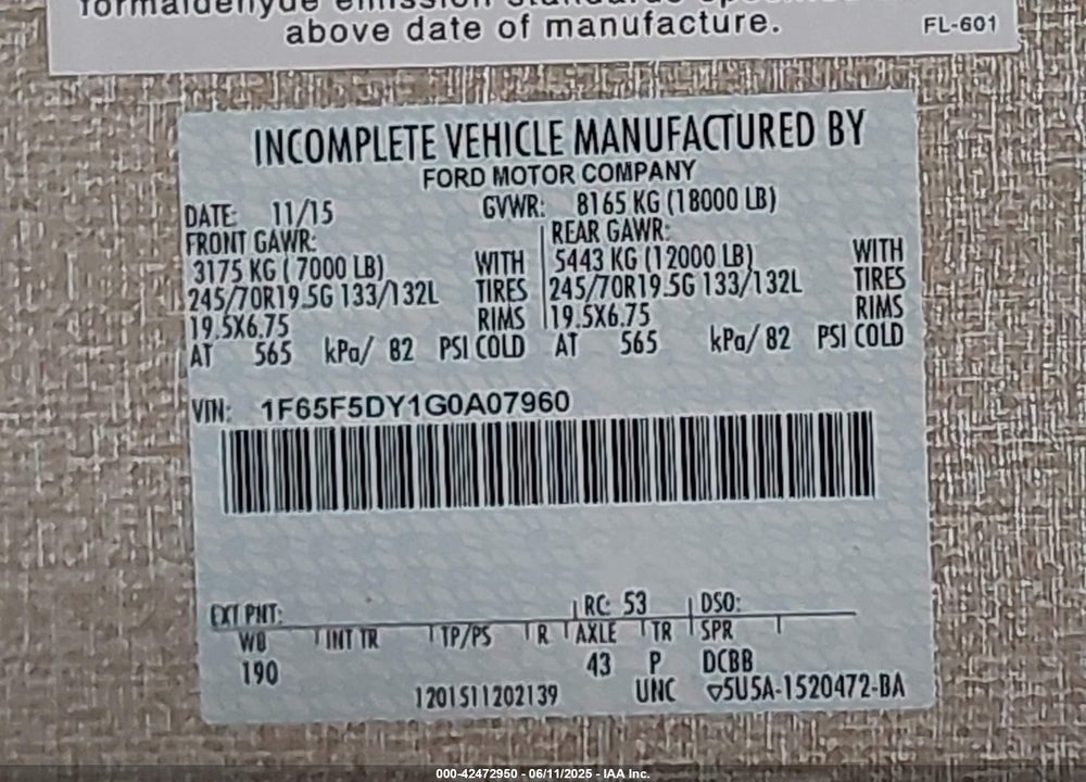 2016 FORD F53 VIN: 1F65F5DY1G0A07960