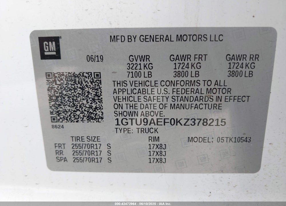 2019 GMC SIERRA 1500 VIN: 1GTU9AEF0KZ378215