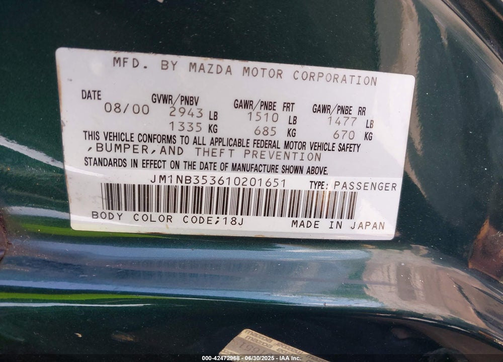 2001 MAZDA MX-5 MIATA LS/SPECIAL EDITION VIN: JM1NB353610201651