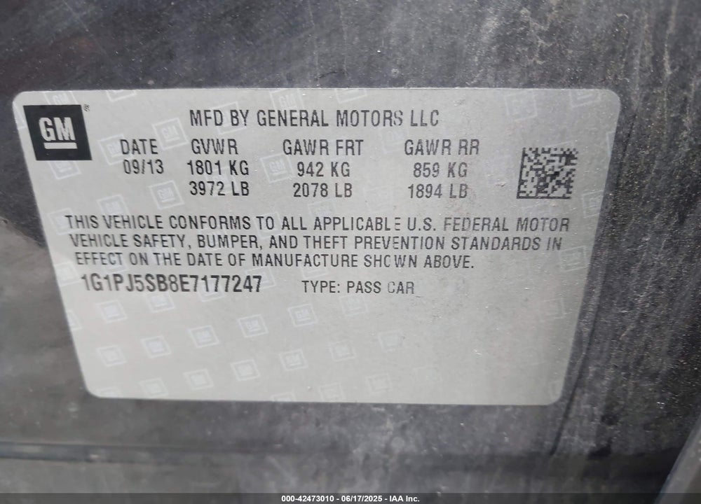 2014 CHEVROLET CRUZE VIN: 1G1PJ5SB8E7177247