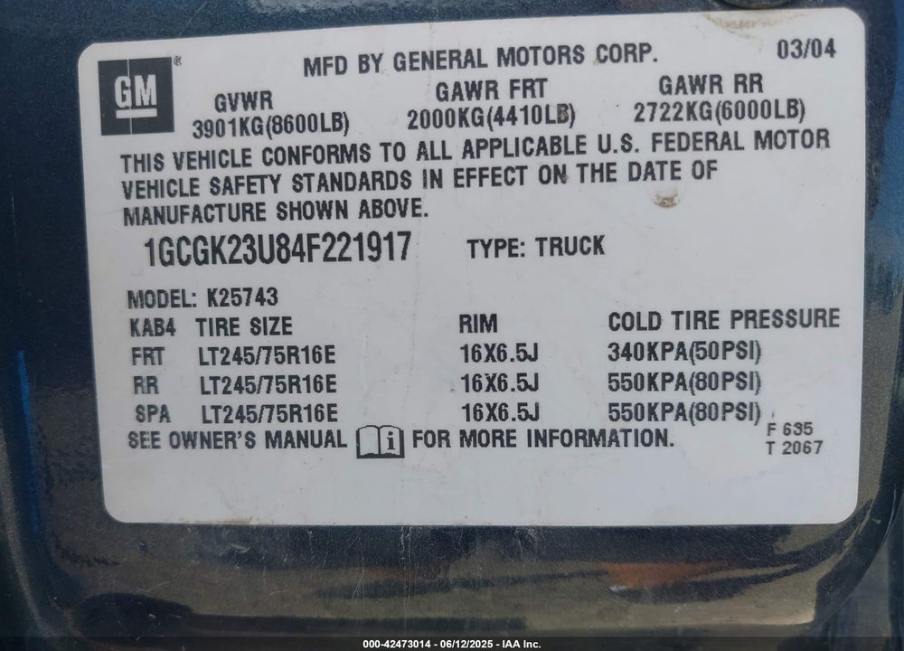 2004 CHEVROLET SILVERADO 2500 LS VIN: 1GCGK23U84F221917