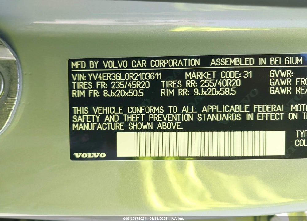 2024 VOLVO C40 RECHARGE PURE ELECTRIC TWIN PLUS VIN: YV4ER3GL0R2103611