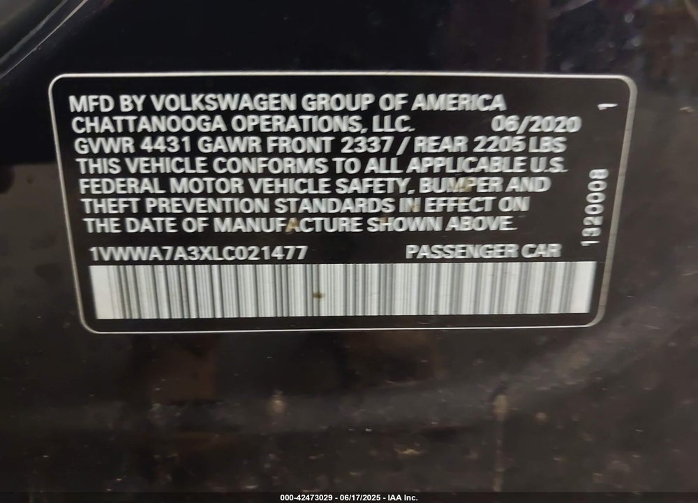 2020 VOLKSWAGEN PASSAT VIN: 1VWWA7A3XLC021477