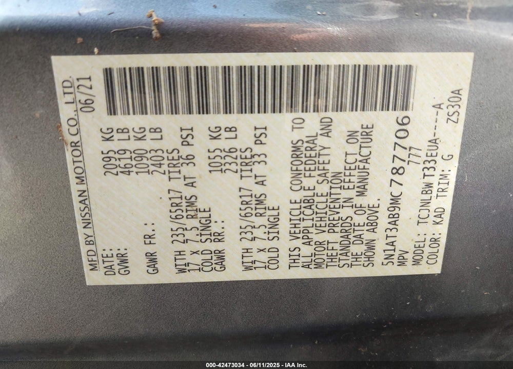2021 NISSAN ROGUE VIN: 5N1AT3AB9MC787706