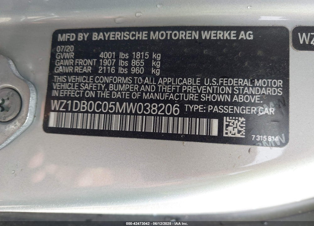 2021 TOYOTA GR SUPRA VIN: WZ1DB0C05MW038206