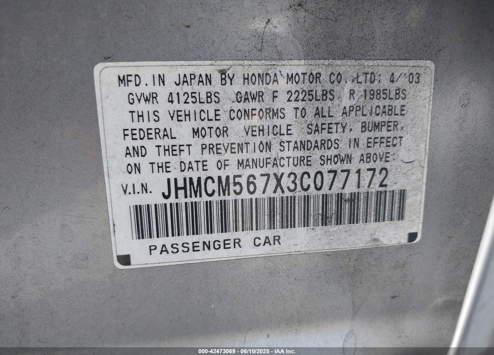 2003 HONDA ACCORD 2.4 EX VIN: JHMCM567X3C077172