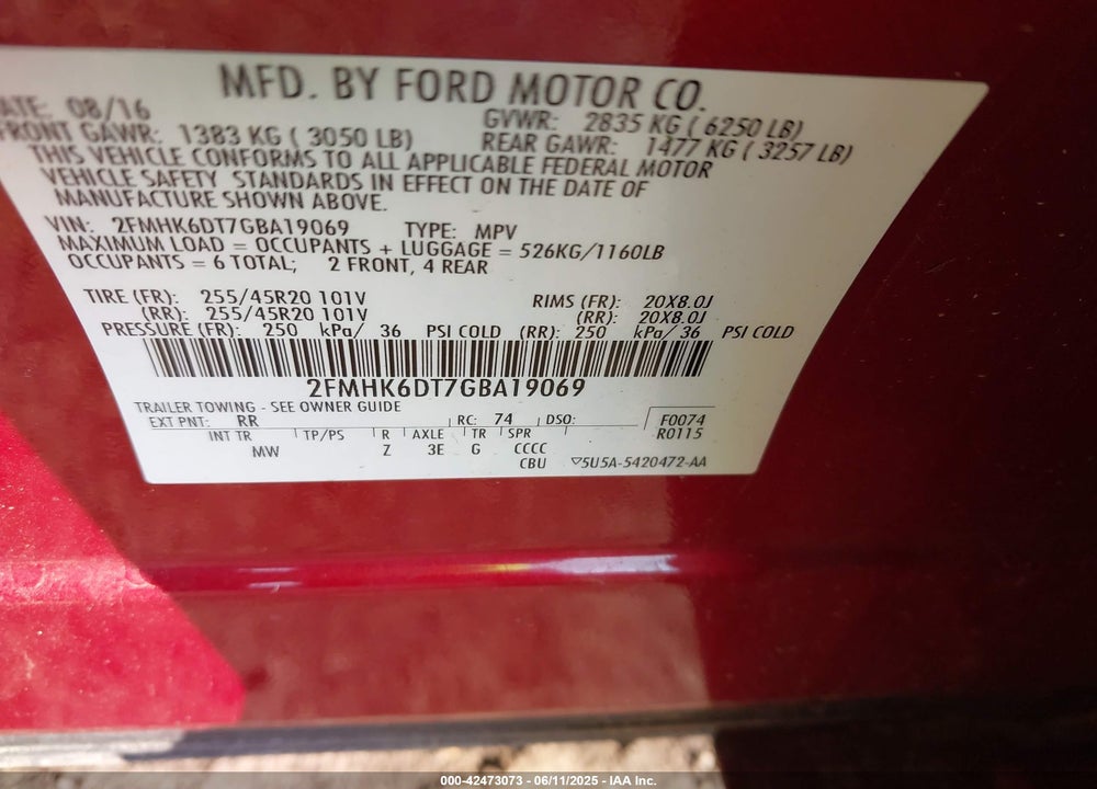 2016 FORD FLEX VIN: 2FMHK6DT7GBA19069
