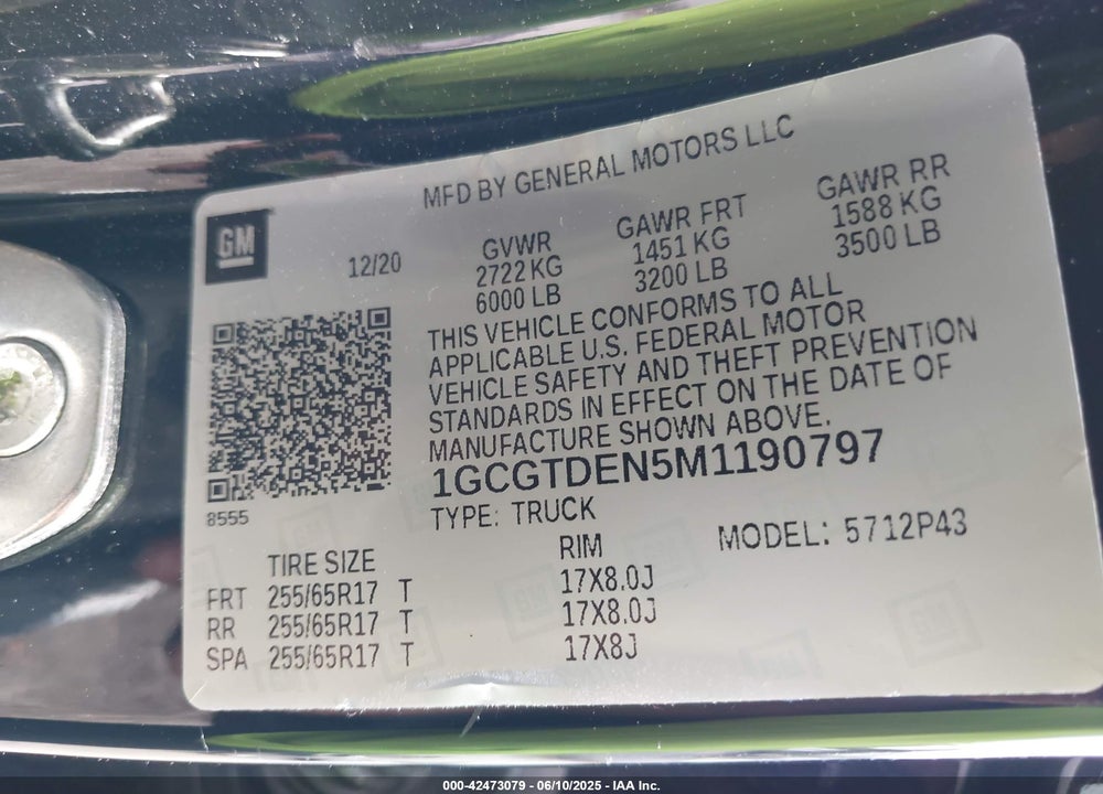 2021 CHEVROLET COLORADO VIN: 1GCGTDEN5M1190797