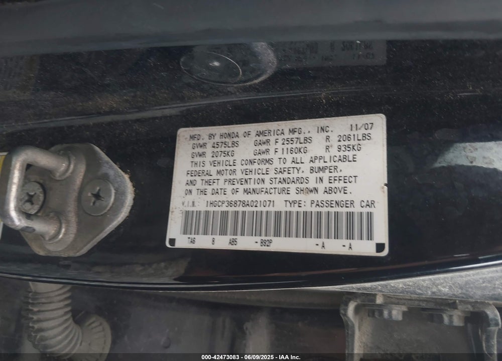 2008 HONDA ACCORD VIN: 1HGCP36878A021071