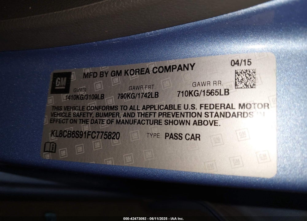 2015 CHEVROLET SPARK VIN: KL8CB6S91FC775820