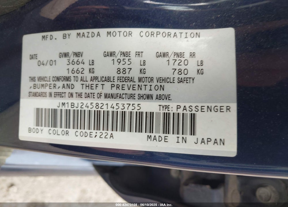 2002 MAZDA PROTEGE5 VIN: JM1BJ245821453755