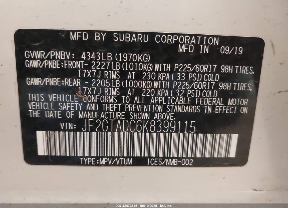 2019 SUBARU CROSSTREK VIN: JF2GTADC6K8399115