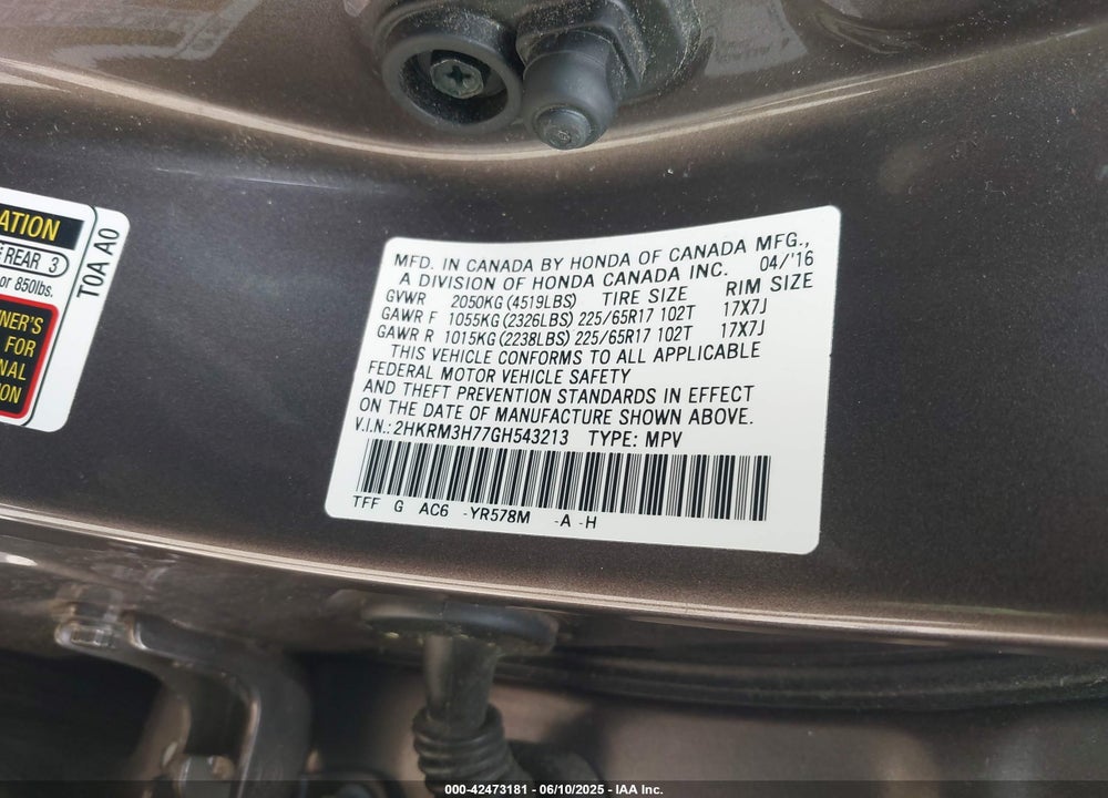 2016 HONDA CR-V VIN: 2HKRM3H77GH543213