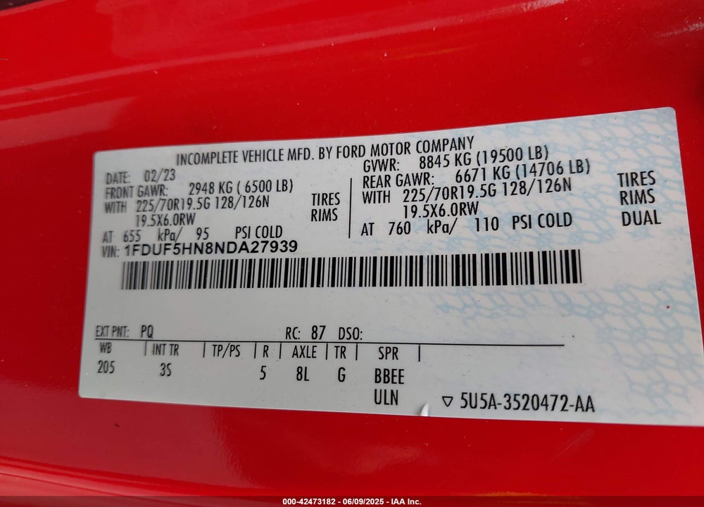 2022 FORD F-550 CHASSIS XLT VIN: 1FDUF5HN8NDA27939