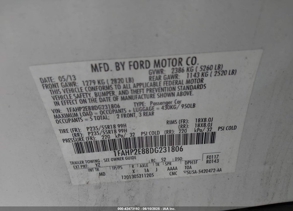 2013 FORD TAURUS SEL VIN: 1FAHP2E88DG231806