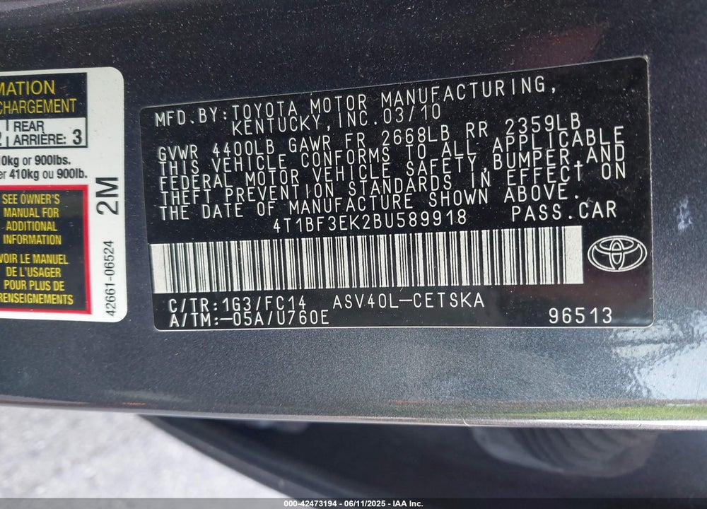 2011 TOYOTA CAMRY SE VIN: 4T1BF3EK2BU589918