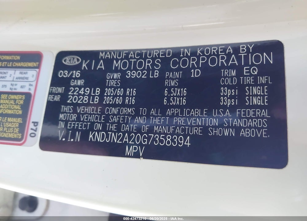 2016 KIA SOUL VIN: KNDJN2A20G7358394