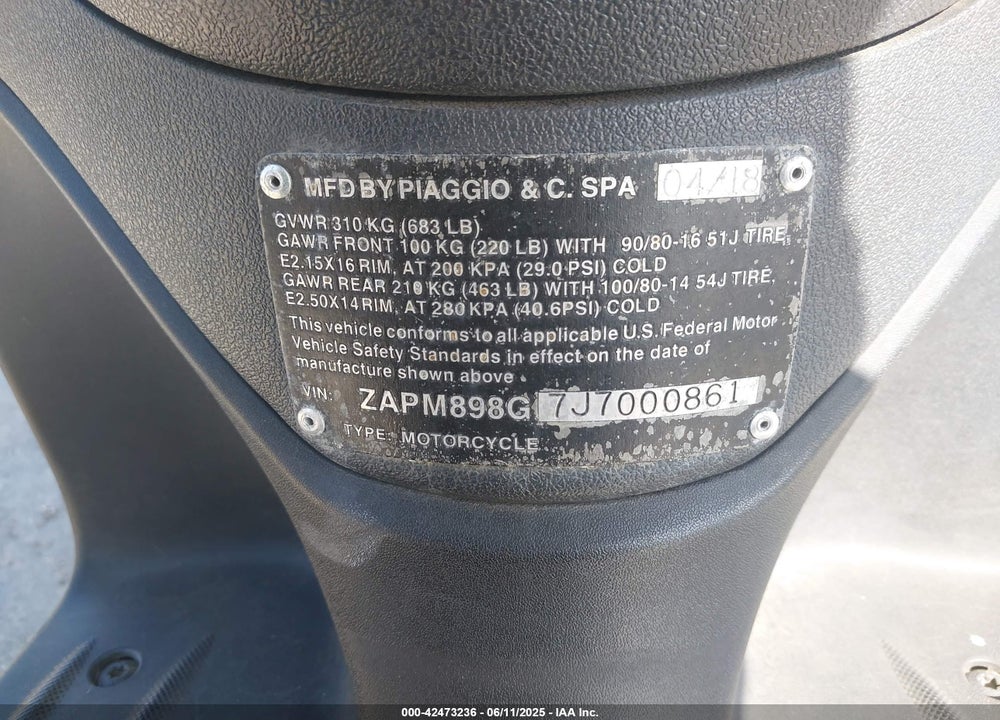 2018 VESP PIAGGIO LIBERTY 150C VIN: ZAPM898G7J7000861