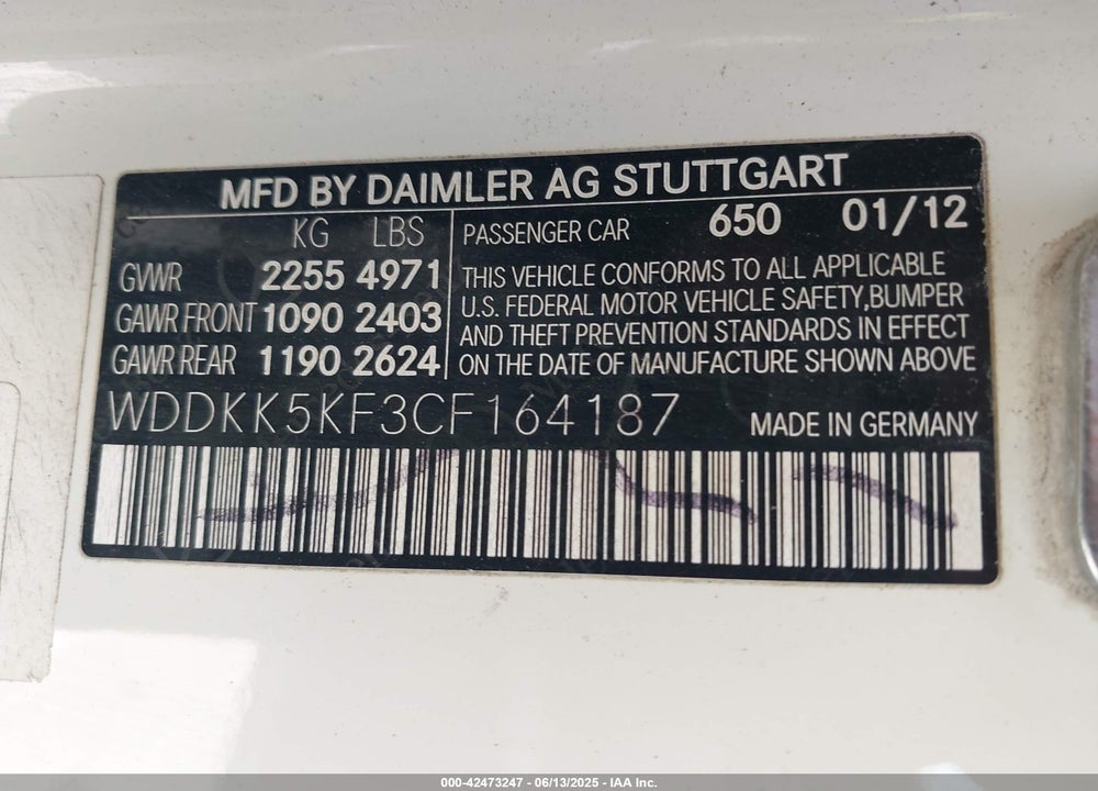 2012 MERCEDES-BENZ E 350 VIN: WDDKK5KF3CF164187