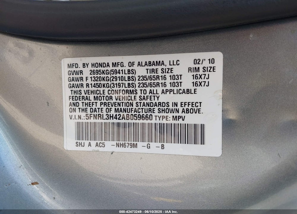 2010 HONDA ODYSSEY EX VIN: 5FNRL3H42AB059660