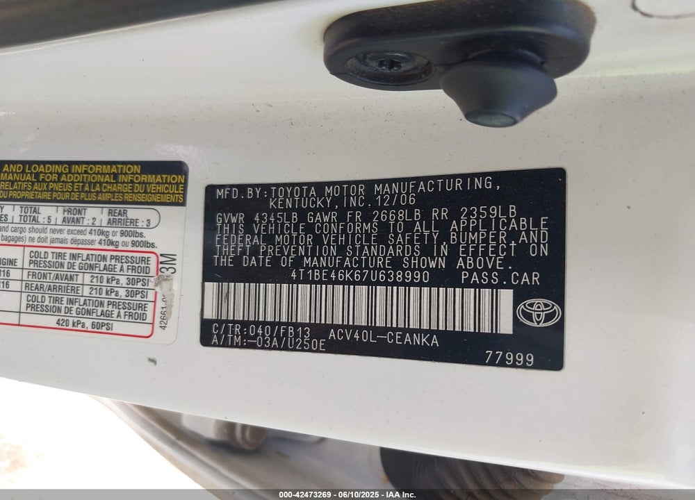 2007 TOYOTA CAMRY LE VIN: 4T1BE46K67U638990