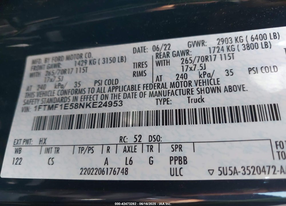 2022 FORD F-150 VIN: 1FTMF1E58NKE24953
