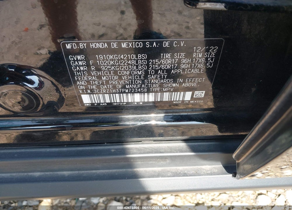 2023 HONDA HR-V VIN: 3CZRZ1H37PM723458
