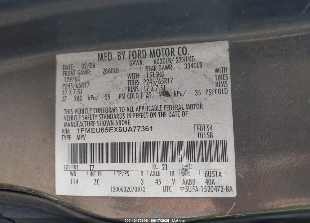 2006 FORD EXPLORER LIMITED VIN: 1FMEU65EX6UA77361