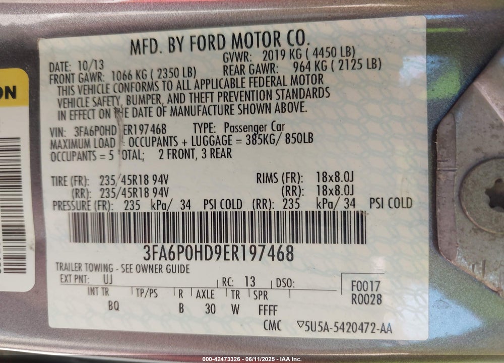 2014 FORD FUSION VIN: 3FA6P0HD9ER197468
